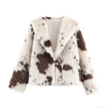 Women's Fashion Faux Fur Coat Casual Cow Print Long Plush Jacket Winter Warm Lapel Button Outerwear For Ladies Soft Cow Spotted Overcoat