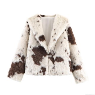 Women's Fashion Faux Fur Coat Casual Cow Print Long Plush Jacket Winter Warm Lapel Button Outerwear For Ladies Soft Cow Spotted Overcoat