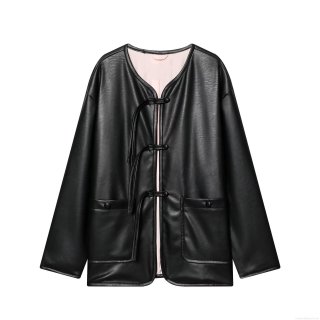 Women New Chinese Style PU Leather Jacket Loose Round Neck Long Sleeve Black Outerwear With Frog Buttons Pink Lining Winter Casual Fashion Coat