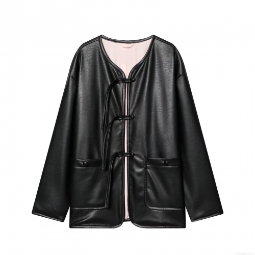 Women New Chinese Style PU Leather Jacket Loose Round Neck Long Sleeve Black Outerwear With Frog Buttons Pink Lining Winter Casual Fashion Coat