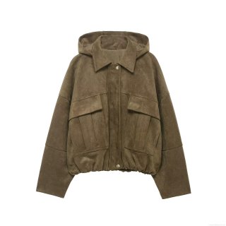 Women's Casual Faux Suede Hooded Bomber Jacket Winter Warm Solid Color Short Outerwear With Big Pockets And Zipper Long Sleeve Coat