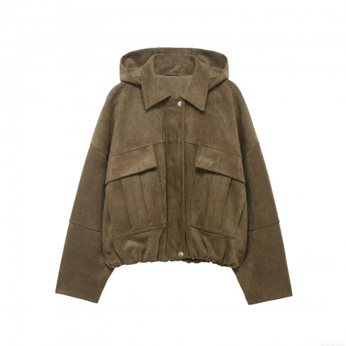 Women's Casual Faux Suede Hooded Bomber Jacket Winter Warm Solid Color Short Outerwear With Big Pockets And Zipper Long Sleeve Coat