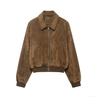 Women's Fashion Winter Suede Jacket Loose Fit Casual Brown Outerwear With Metal Zipper Turn-down Collar Long Sleeve Jacket Coat For Women