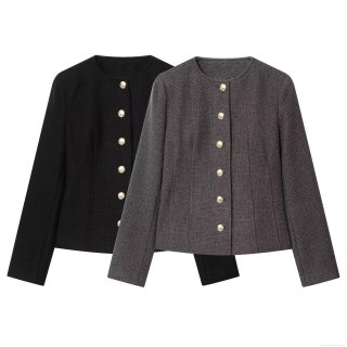 Elegant Women Tweed Jacket Round Neck Gold Buttons Solid Color Long Sleeve Short Outerwear Casual Commute Ladies Textured Blazer Coat