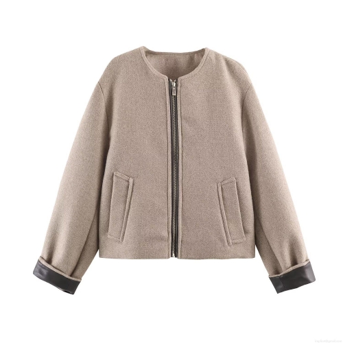 Women's Casual Woolen Jacket With Leather Patch Sleeves Round Neck Metal Zipper Short Coat For Winter Outerwear Fashion Solid Color Camel Ladies Streetwear Outercoat