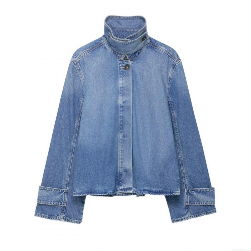 Women's High Neck Denim Jacket Fashion Casual Loose Long Sleeve Wash Denim Polyester Coat For Women Spring Autumn Outerwear Top
