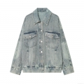 Women's Casual Loose Denim Jacket Light Blue Washed Cotton Blend Distressed Jean Coat With Pockets Long Sleeve Turn-down Collar Button Up Outerwear