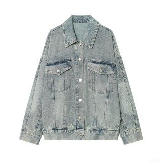 Women's Casual Loose Denim Jacket Light Blue Washed Cotton Blend Distressed Jean Coat With Pockets Long Sleeve Turn-down Collar Button Up Outerwear