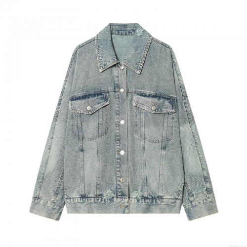 Women's Casual Loose Denim Jacket Light Blue Washed Cotton Blend Distressed Jean Coat With Pockets Long Sleeve Turn-down Collar Button Up Outerwear