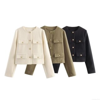 Women's Elegant Tweed Short Jacket With Gold Metal Buttons Crew Neck Long Sleeve Outerwear For Casual Work Party Fashion Commute Ladies Coat In Multiple Colors