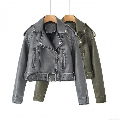 Women's Short Faux Leather Moto Jacket Washed PU Leather Biker Coat With Belt Lapel Long Sleeve Casual Streetwear Outerwear For Women