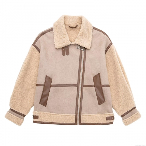 Women's Retro Faux Shearling Suede Biker Jacket Oversized Lapel Thickened Warm Winter Coat With Zipper Splicing Casual Outerwear For Ladies