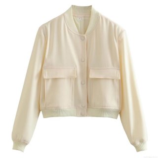 Women's Casual Bomber Jacket Lightweight Polyester Spandex Blend Stand Collar Double Flap Pockets Short Outerwear Coat For Daily Travel Spring Summer