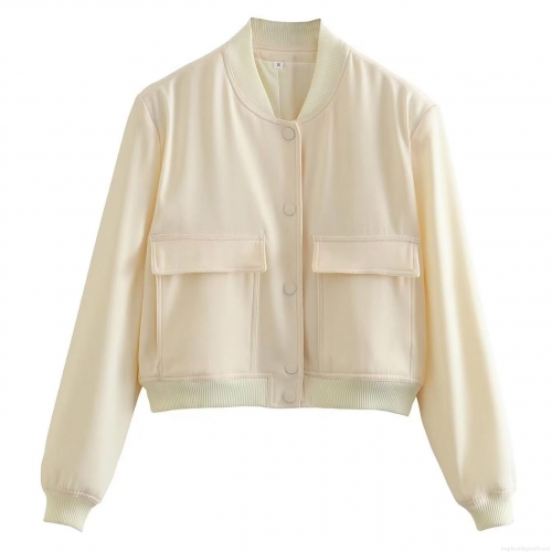 Women's Casual Bomber Jacket Lightweight Polyester Spandex Blend Stand Collar Double Flap Pockets Short Outerwear Coat For Daily Travel Spring Summer