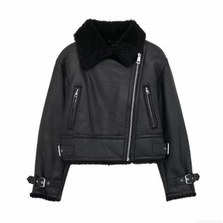Women's Fashion Faux Leather Shearling Moto Jacket With Belt Streetwear Thick Warm Lamb Wool Lined Biker Outerwear Casual Coat