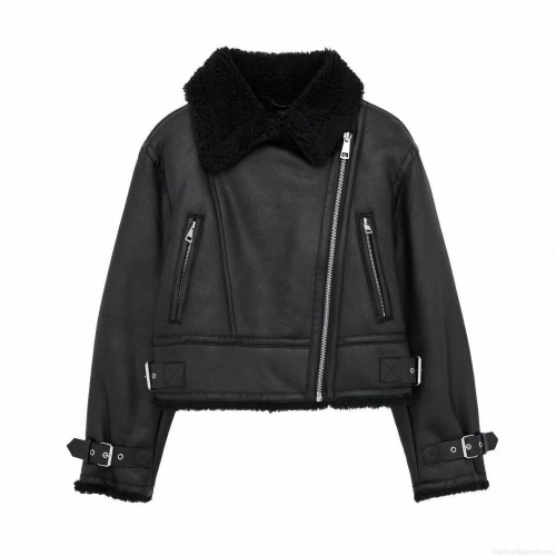 Women's Fashion Faux Leather Shearling Moto Jacket With Belt Streetwear Thick Warm Lamb Wool Lined Biker Outerwear Casual Coat