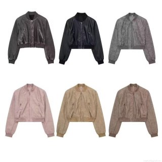 Women's Faux Leather Bomber Jacket PU Synthetic Leather Short Crop Zip Up Ribbed Trim Vintage Distressed Solid Color Casual Streetwear Autumn Winter Outerwear