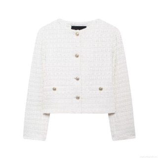 Women's Elegant White Tweed Jacket Cropped Round Neck Long Sleeve Gold Button Outerwear For Office Party Lady Vintage Slim Fit Coat