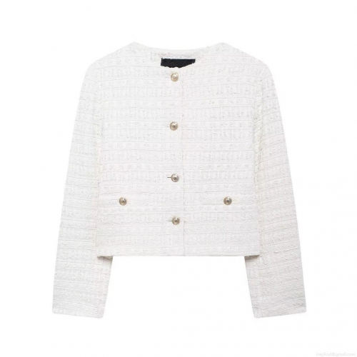 Women's Elegant White Tweed Jacket Cropped Round Neck Long Sleeve Gold Button Outerwear For Office Party Lady Vintage Slim Fit Coat