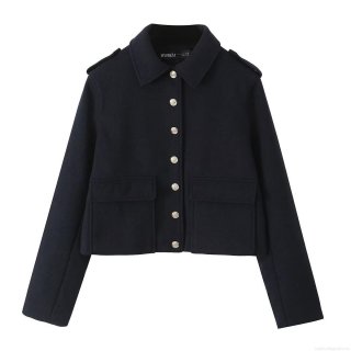 Women's Short Woolen Jacket Coat Fashion Solid Color Turn-down Collar Outerwear With Embossed Metal Buttons And Shoulder Straps For Autumn Daily Casual Lady Clothing
