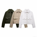 Women's Elegant Short Jacket Woolen Feel Blended Fabric Lapel Zipper Front Cargo Pockets Autumn Commuting Outerwear For Lady