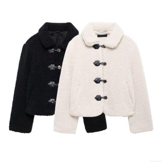 Sherpa Fleece Jacket Women Lapel Turn Down Collar Grain Fleece Short Coat With Leather Toggle Buttons Elegant Thick Warm Outerwear For Autumn Winter