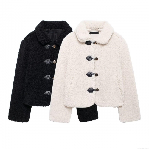 Sherpa Fleece Jacket Women Lapel Turn Down Collar Grain Fleece Short Coat With Leather Toggle Buttons Elegant Thick Warm Outerwear For Autumn Winter