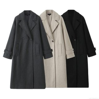 Women's Long Woolen Coat Elegant Polyester Blend Double Breasted Lapel Collar Loose Fit Overcoat For Autumn Winter Office Lady Fashion Outerwear