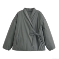 Women's Fashion Quilted Jacket Minimalism Kimono Style Wrap Coat With Side Tie Solid Color Padded Outerwear For Autumn Winter Ladies