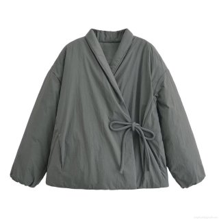 Women's Fashion Quilted Jacket Minimalism Kimono Style Wrap Coat With Side Tie Solid Color Padded Outerwear For Autumn Winter Ladies
