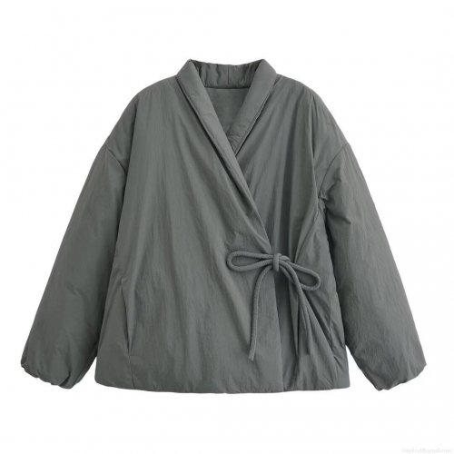 Women's Fashion Quilted Jacket Minimalism Kimono Style Wrap Coat With Side Tie Solid Color Padded Outerwear For Autumn Winter Ladies