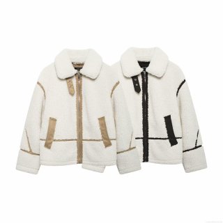 Women's Loose Sherpa Fleece Jacket Contrast Color Block Zip Up Lapel Outerwear Casual Warm Long Sleeve Winter Autumn Coat