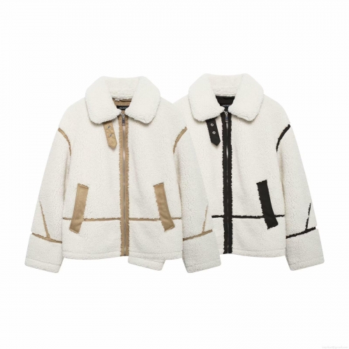Women's Loose Sherpa Fleece Jacket Contrast Color Block Zip Up Lapel Outerwear Casual Warm Long Sleeve Winter Autumn Coat