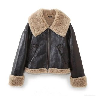 Women's Casual Faux Leather Shearling Moto Jacket Oversized Warm Faux Fur Lined Autumn Winter Outerwear Coat Lapel Zipper Solid Dark Coffee Brown Jacket