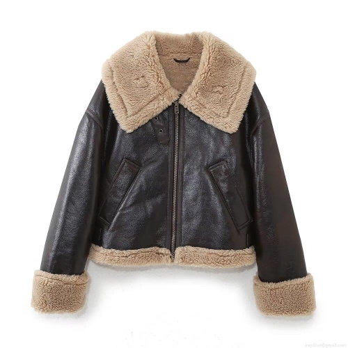 Women's Casual Faux Leather Shearling Moto Jacket Oversized Warm Faux Fur Lined Autumn Winter Outerwear Coat Lapel Zipper Solid Dark Coffee Brown Jacket