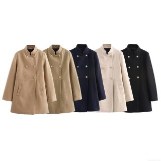 Women's Fashion Stand Collar Double Breasted Woolen Coat Autumn Winter Elegant Long Sleeve Mixed Blend Outerwear Jacket For Office Commuter Lady