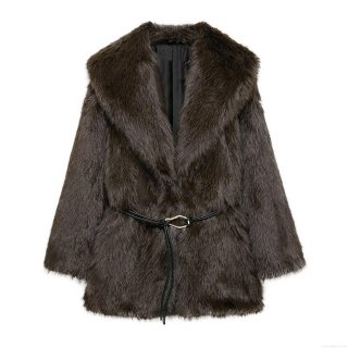 Women's Fashion Faux Fur Mid-length Coat Elegant Warm Winter Jacket With Adjustable Belt Big Lapel Solid Color Outerwear For Ladies Office Dating Daily Wear