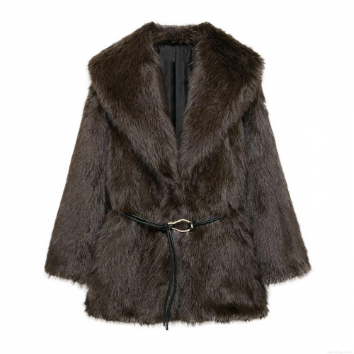 Women's Fashion Faux Fur Mid-length Coat Elegant Warm Winter Jacket With Adjustable Belt Big Lapel Solid Color Outerwear For Ladies Office Dating Daily Wear