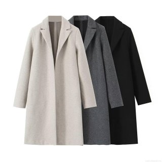 Women's Elegant Long Woolen Coat Loose Fit Lapel Double Faced Felt Overcoat Casual Solid Color Autumn Winter Outerwear