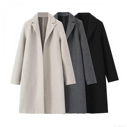 Women's Elegant Long Woolen Coat Loose Fit Lapel Double Faced Felt Overcoat Casual Solid Color Autumn Winter Outerwear