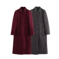 Women Winter Long Woolen Coat Elegant Commute Solid Color Lapel Single Breasted Jacket With Patch Pockets Warm Casual Outerwear