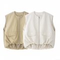 Women's Casual Utility Vest Round Neck Zipper Pockets Loose Sleeveless Jacket 100% Polyester Solid Color Spring Summer Fashion Outerwear Women Daily Outdoor Wear
