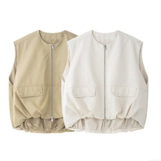 Women's Casual Utility Vest Round Neck Zipper Pockets Loose Sleeveless Jacket 100% Polyester Solid Color Spring Summer Fashion Outerwear Women Daily Outdoor Wear
