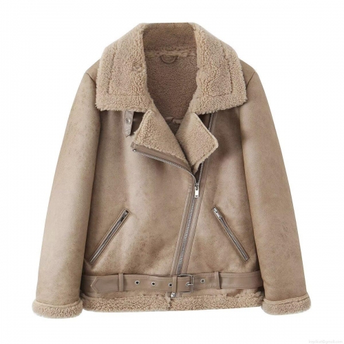 Women's Faux Shearling Moto Jacket Suede Lambswool Lined Winter Coat With Belt Thick Warm Outerwear For Women Streetwear Fashion Casual Style