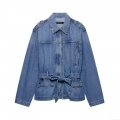 Women Fashion Washed Blue Denim Jacket With Belt Lapel Long Sleeve Jean Coat Casual Pockets Outwear For Ladies Daily Wear Stylish Denim Outerwear