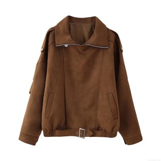 Women's Maillard Retro Suede Short Jacket Vintage Loose Fit Casual Outerwear With Metal Zipper And Belt Buckle Details For Women