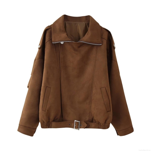 Women's Maillard Retro Suede Short Jacket Vintage Loose Fit Casual Outerwear With Metal Zipper And Belt Buckle Details For Women