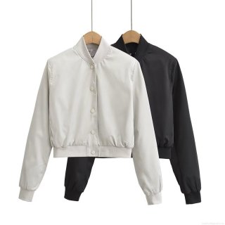 Women's Casual Bomber Jacket Satin Polyester Spandex Blend Short Snap Button Coat Ribbed Collar Long Sleeve Outerwear For Daily Wear Fashion Solid Color Lightweight Jacket