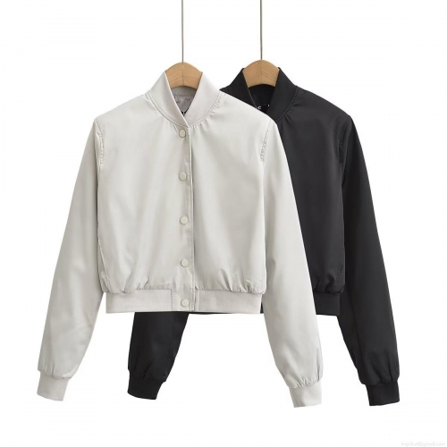 Women's Casual Bomber Jacket Satin Polyester Spandex Blend Short Snap Button Coat Ribbed Collar Long Sleeve Outerwear For Daily Wear Fashion Solid Color Lightweight Jacket