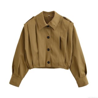 Women's Casual Short Jacket 100% Polyester Windbreaker Outerwear Lapel Single Breasted Long Sleeve Coat With Pleated Back Design And Pockets Loose Fit Fashion Outerwear For Ladies